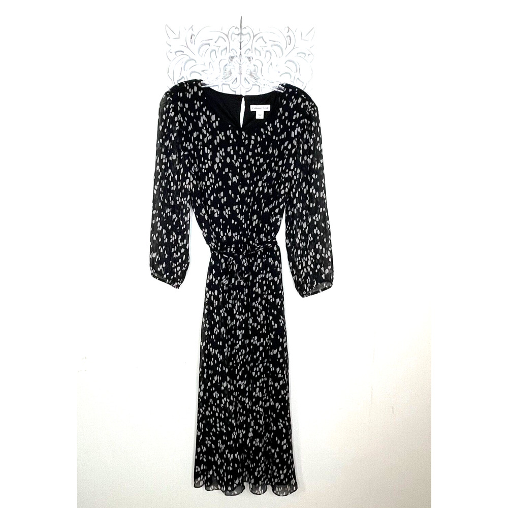 Coldwater Creek size 14 Chiffon Dress Lined 3/4 Sleeves Tie Belt BLACK TAN Print